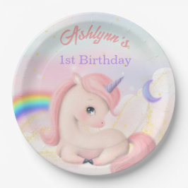 Prato De Papel Personalizado Elegante Fofo Rosa Unicórnio Aquarel
