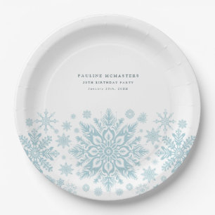 Prato De Papel Personalizado Floco de Neve Branco Azul com Festa 