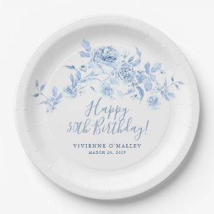 Prato De Papel Personalizado Floral Rosa Azul de aniversário de 3