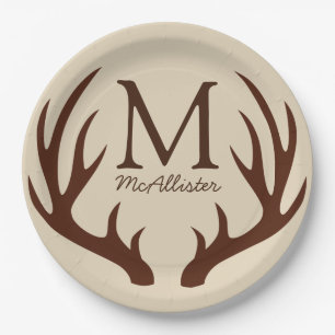 Prato De Papel Personalizado - Rustic Brown Deer Antlers Ecru