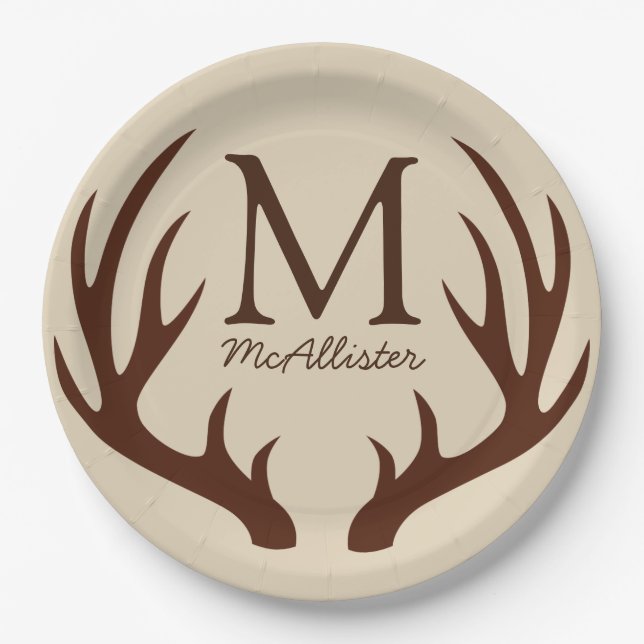 Prato De Papel Personalizado - Rustic Brown Deer Antlers Ecru (Frente)