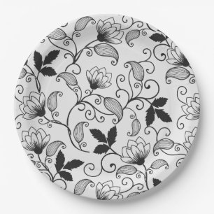 Prato De Papel Personalizar Padrão Floral Preto