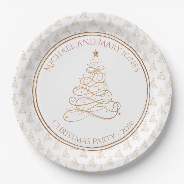 Prato De Papel Personalize: Árvore dourada da "festa de Natal" (Frente)