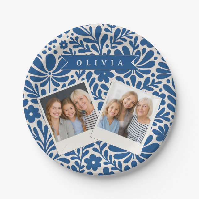 Prato De Papel Personalized Blue Folk Floral Nordic Custom (Frente)