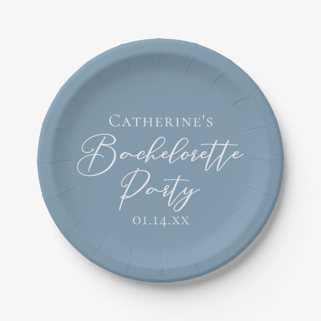 Prato De Papel Personalized Chic Dusty Blue Bachelorette Party (Frente)