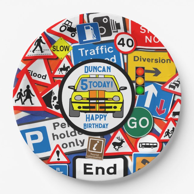 Prato De Papel Personalized Colourful Road Signs, Birthday Party (Frente)