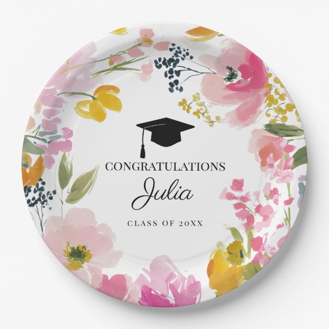 Prato De Papel Personalized Floral Graduation Party Decor (Frente)