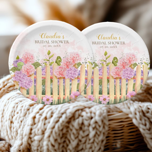Prato De Papel Personalized Floral Picket Fence Hydrangea Bridal  (Criador carregado)