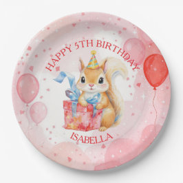 Prato De Papel Personalized Girl's Birthday Squirrel Pink and Red