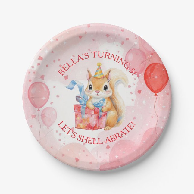Prato De Papel Personalized Girl's Birthday Squirrel Pink and Red (Frente)