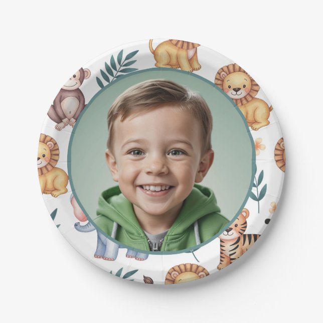 Prato De Papel Personalized Jungle Safari Animal Border Photo (Frente)