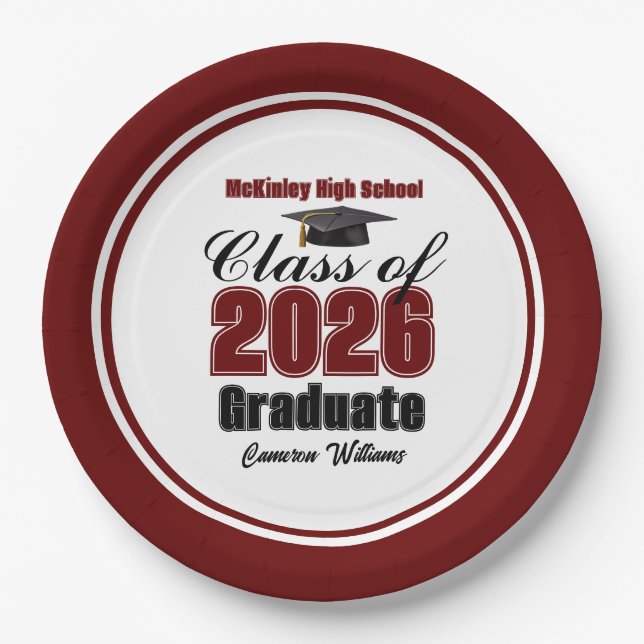 Prato De Papel Personalized Maroon Class of 2026 Graduation Party (Frente)