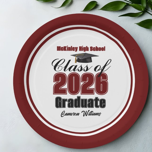 Prato De Papel Personalized Maroon Class of 2026 Graduation Party (Criador carregado)