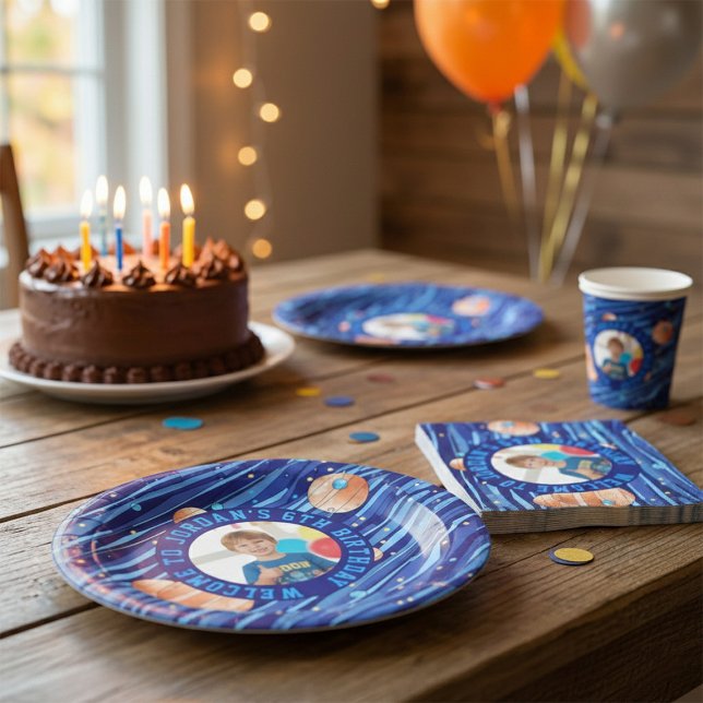 Prato De Papel Personalized Outer Space Galaxy Photo Birthday  (Criador carregado)