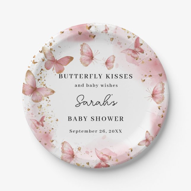 Prato De Papel Personalized Pink Butterfly Baby Shower Plates (Frente)