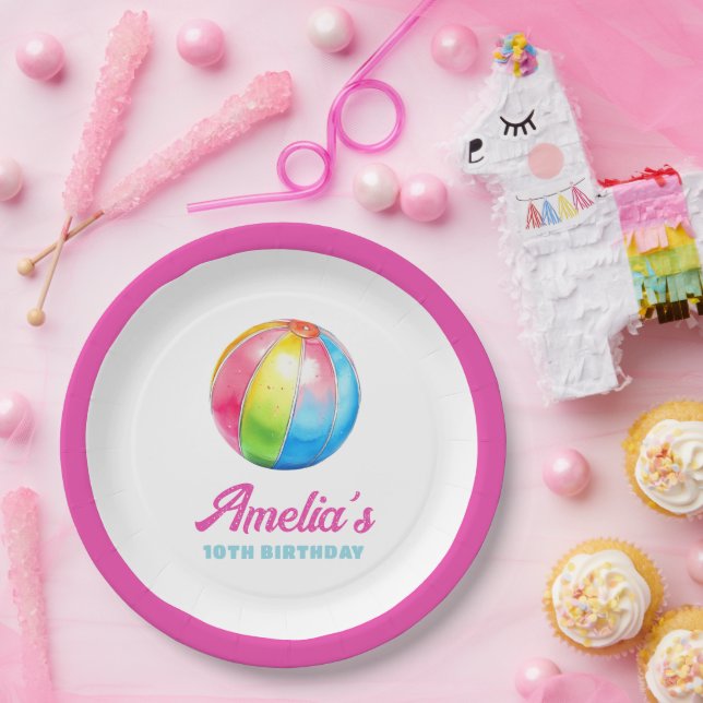 Prato De Papel Personalized Pink Pool Party (Festa)