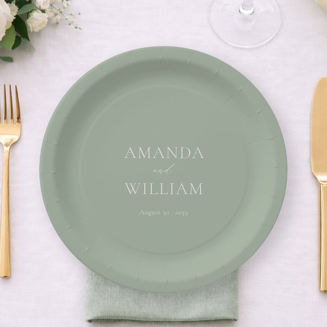 Prato De Papel Personalized Sage Green Wedding Paper Plates (Criador carregado)