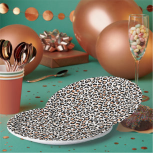 Prato De Papel Pêssego Branco Impressão Preta-Leopardo      