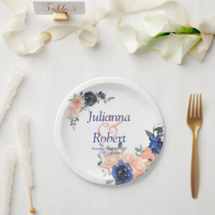 Prato De Papel Pêssego e azul floral em aquarela papel de casamen