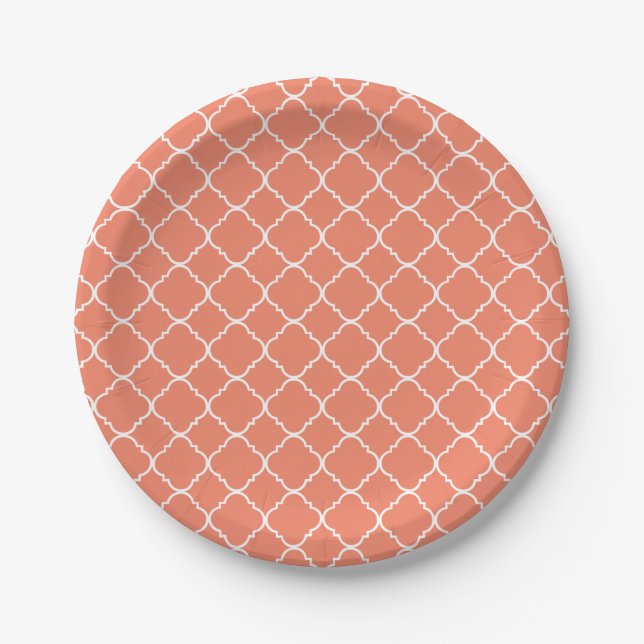 Prato De Papel Pêssego e Quatrefoil branco (Frente)