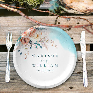 Prato De Papel Pêssego Elegante e Aquarela Floral Teal