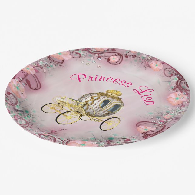 Prato De Papel Pêssego Floral Princesa Personalizada Encantada (Inclinado)
