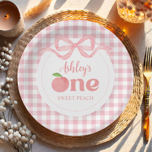 Prato De Papel Pêssego Rosa Gingham Primeiro Aniversário
