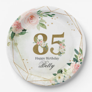 Prato De Papel Pessoal Floral & Ouro 85 Anos Personalizado