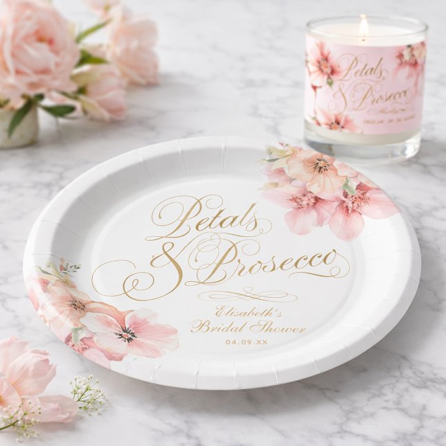 Prato De Papel Pétalas de Ouro Rosa & Prosecco (Elegant White Pink Gold Floral Petals & Prosecco Paper Plates)