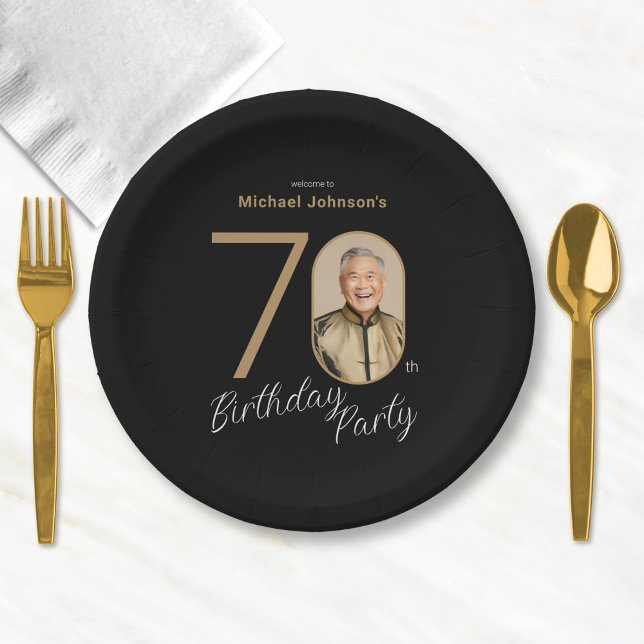 Prato De Papel Photo Black Gold 70th Birthday  (Photo Black Gold 70th Birthday Paper Plates)