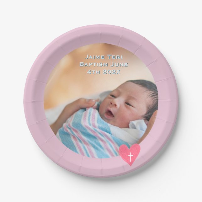 Prato De Papel Photo Paper Plate Baptism Pink Shower (Frente)