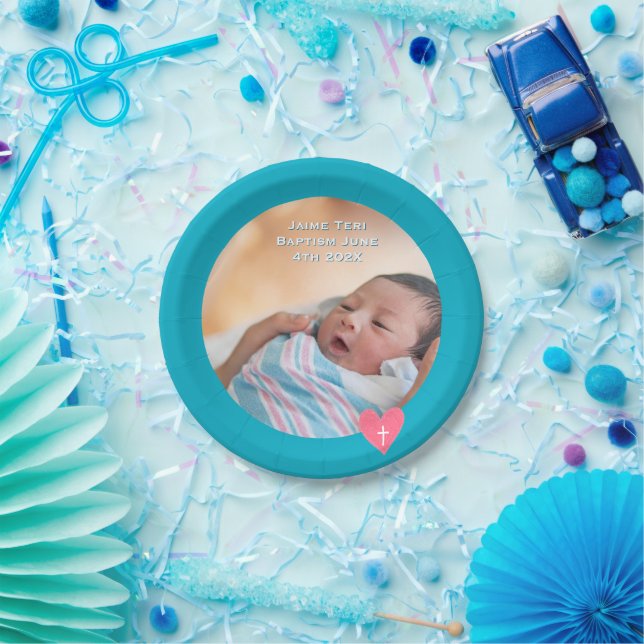 Prato De Papel Photo Paper Plate Baptism Teal Blue Shower (Festa)