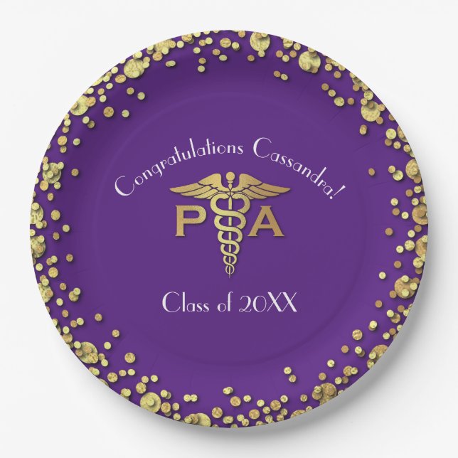 Prato De Papel Physician Assistant PA Graduation Purple Gold (Frente)