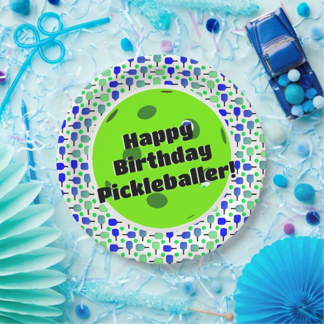 Prato De Papel Pickleball Birthday Blue Green Personalizado Happy (Festa)