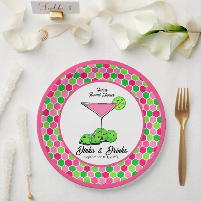 Prato De Papel Pickleball Cosmo Dinks & Drinks Pink Honeycomb (Casamento)