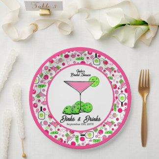 Prato De Papel Pickleball Dinks & Drinks Coquetéis Rosa Verde