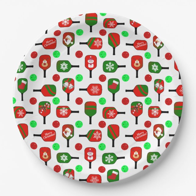 Prato De Papel Pickleball Red Paddles Balls X-Mas (Frente)