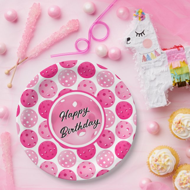 Prato De Papel Pickleball Rosa e Picklebolas Brancas Personalizad (Festa)
