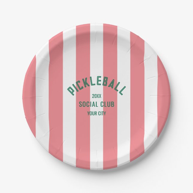 Prato De Papel Pickleball Social Club Crest Pink Cabana Stripe (Frente)
