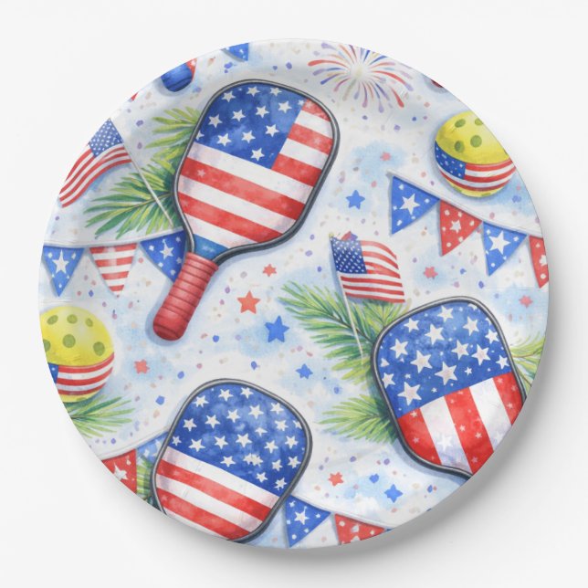 Prato De Papel Pickleball temático americano para 4 de julho (Frente)