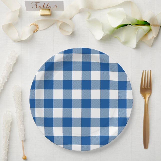 Prato De Papel Picnic de Verão Gingham Azul e Branco Clássico (Casamento)