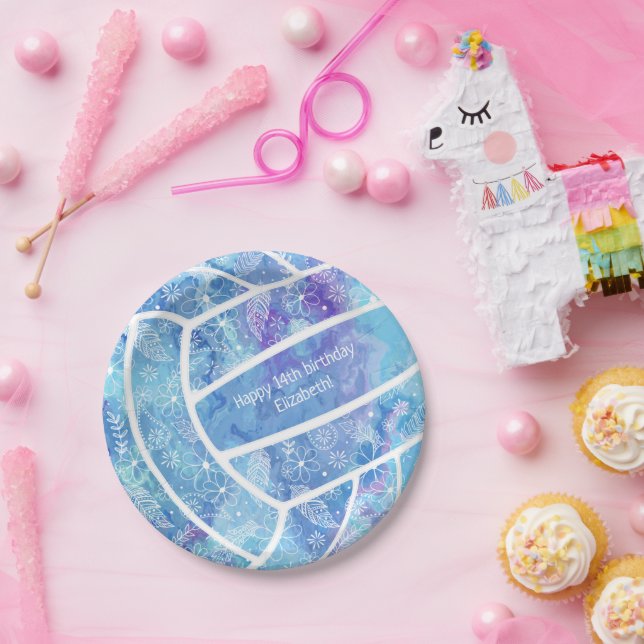 Prato De Papel Picos flores penas vôlei azul (Festa)