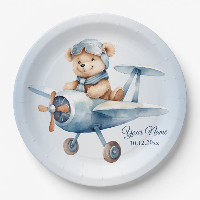 Prato De Papel Piloto de Urso Bebê Cinto Avião Azul (Frente)