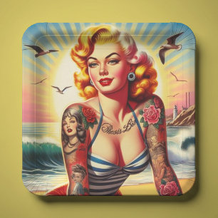 Prato De Papel Pin-up Bikini Tatuado Retroativamente