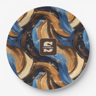 Prato De Papel Pincéis de Abstrato Curly em Azul e Castanho
