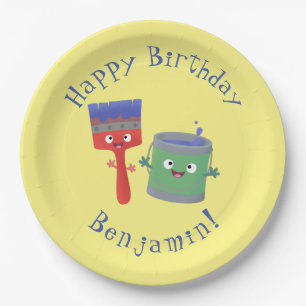 Prato De Papel Pincel de pintura e personagens de desenho animado