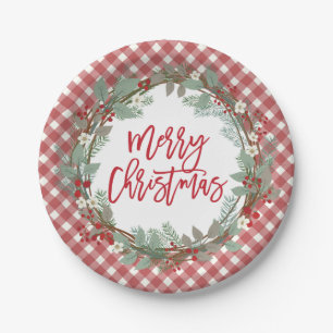 Prato De Papel Pine & Holly Rustic Farmhouse Gingham Christmas