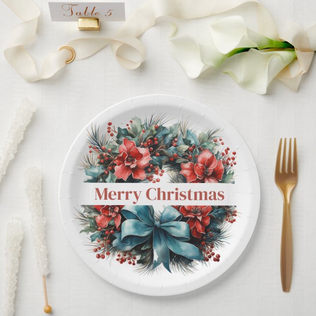 Prato De Papel Pine Wreath com Flores Vermelhas e Holly (Casamento)
