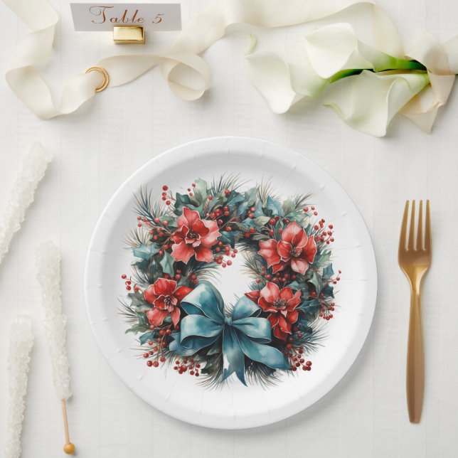 Prato De Papel Pine Wreath com Holly Christmas (Casamento)