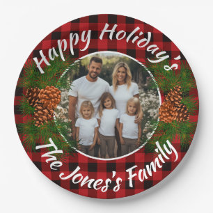 Prato De Papel pineges de xadrez vermelha personalizados do Natal